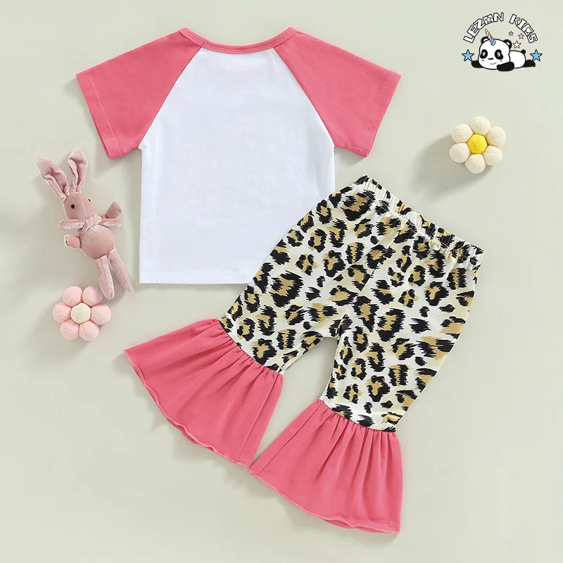 LEZONKIDS - Conjunto de Roupas de Páscoa para Meninas com Camiseta de Manga Curta e Calças Flared Personalizáveis com Estilo de Primavera Novo e Impressão de Coelho de Desenho Animado